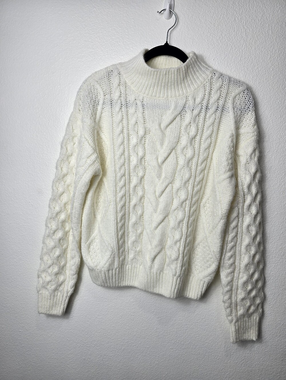 Lascana Classic Cable Knit Ribbed Neckline Sweater - Cream